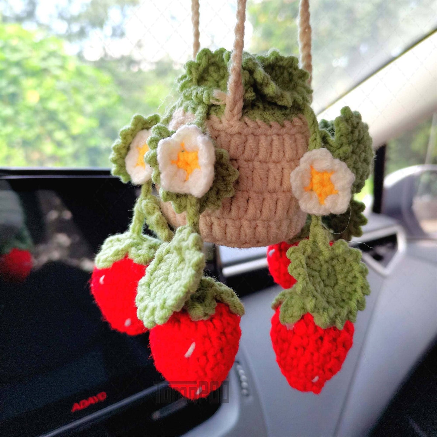 Crochet Strawberry Plant Car Mirror Hanging, Women Car Decor