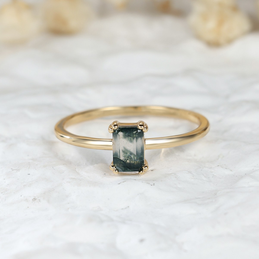 Gold Emerald Cut Moss Agate Cocktail Ring in Solid Copper