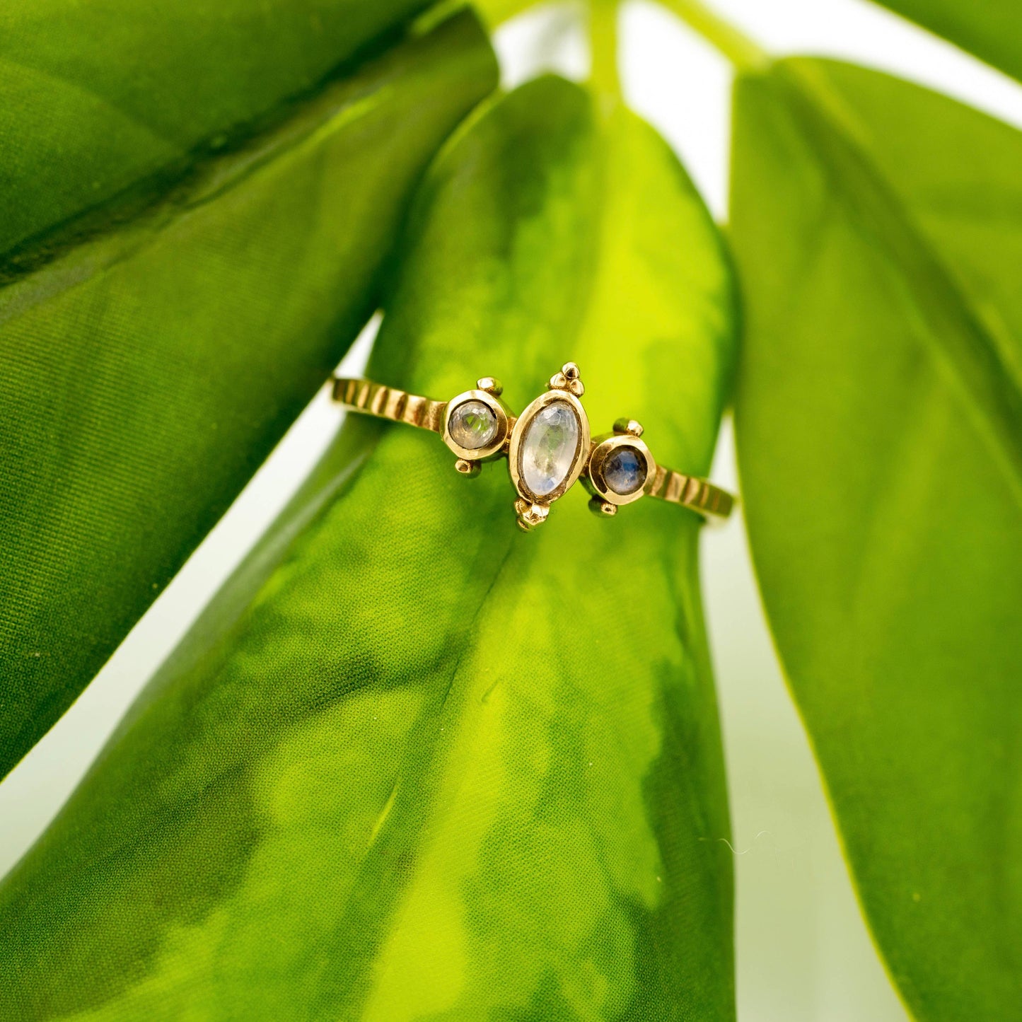Brass Dainty Triple Moonstone Ring