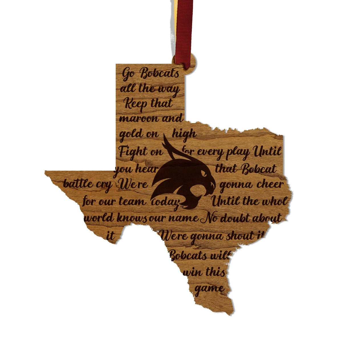 Texas State University Fight Song Ornament – Crafted from Cherry and Maple Wood – Texas State Bobcats