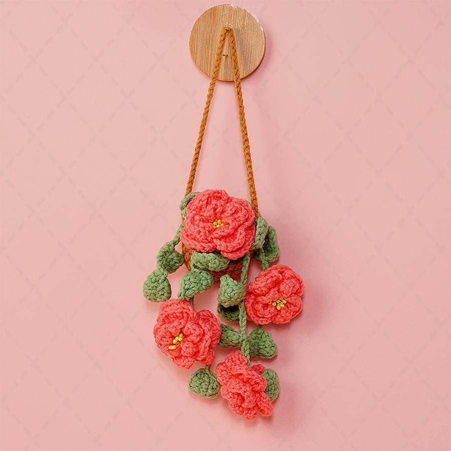 Crochet Peony Flower Plant Basket Car Mirror Hanging Pendant