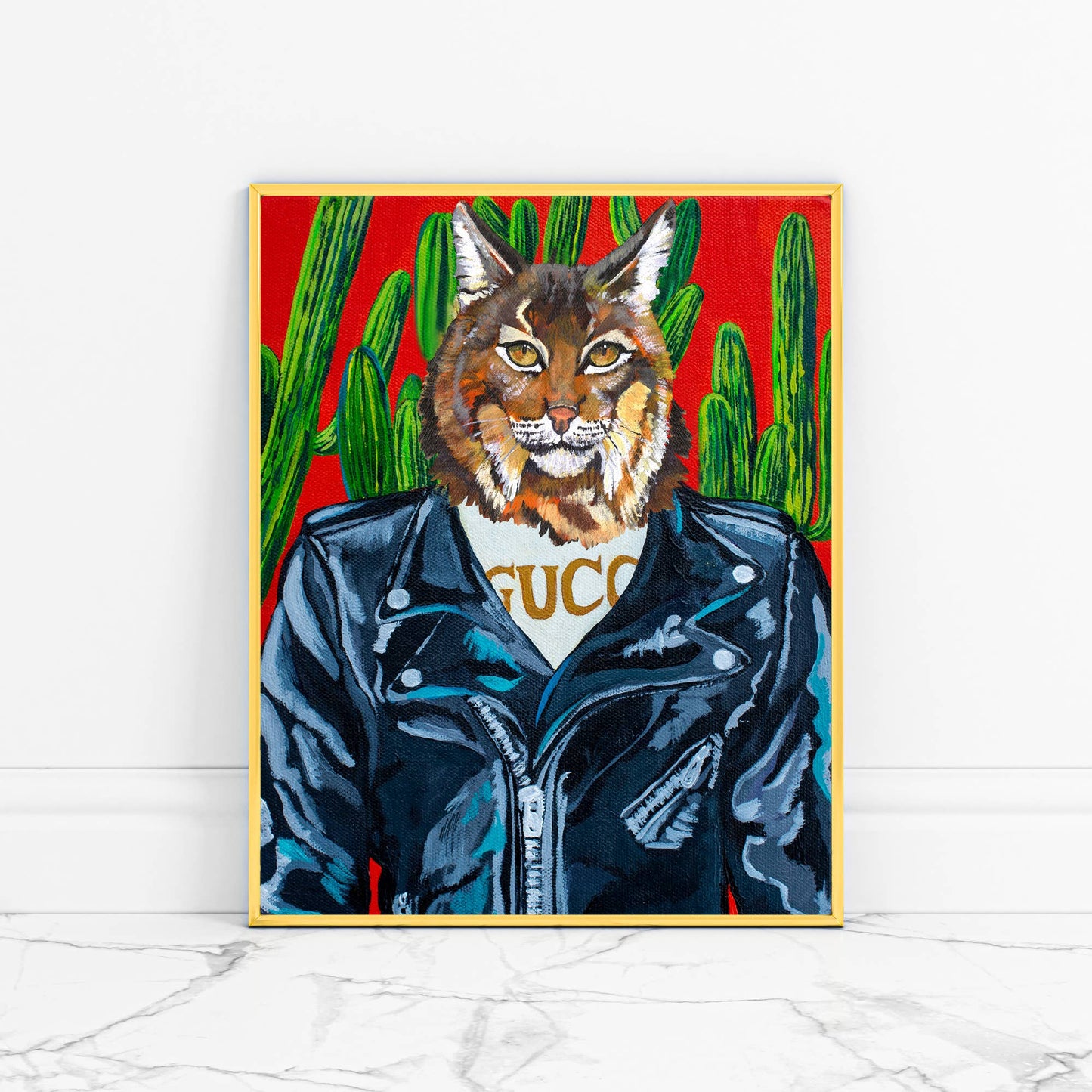 8 x 10 Desert Bobcat in stylish biker jacket Art