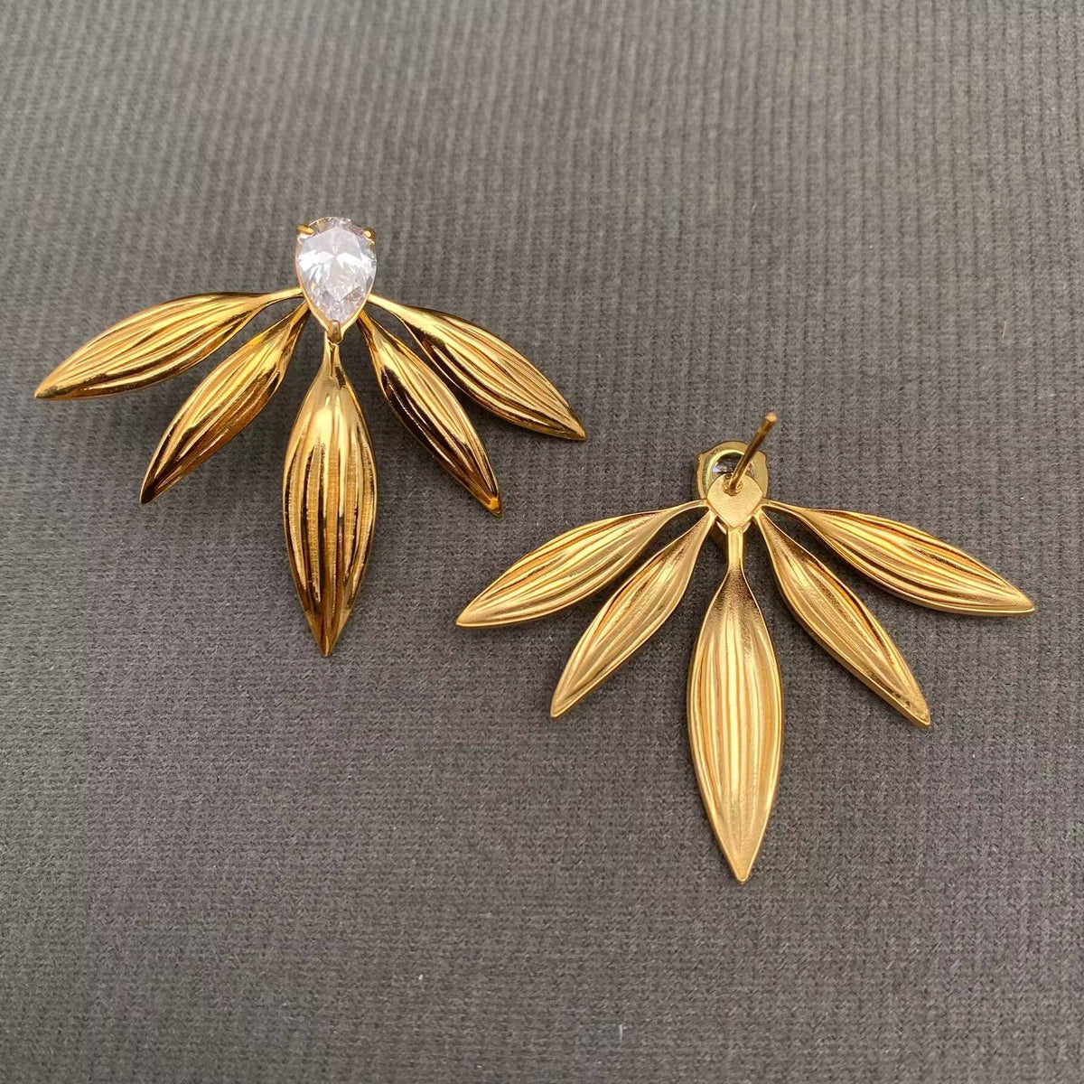Zircon Leaf Gold Statement Earrings