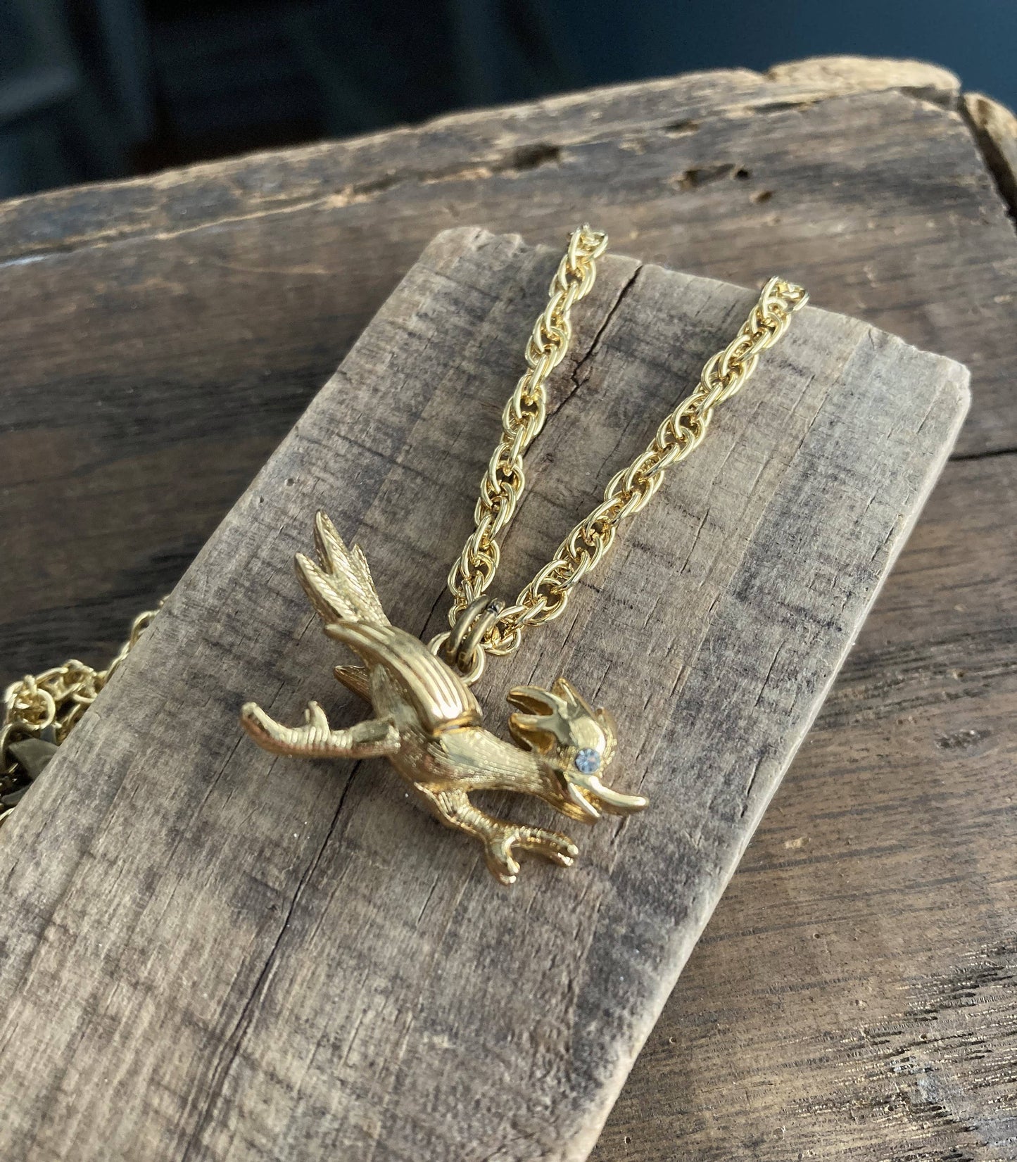 Gold Plate & Rhinestone Roadrunner Charm Pendant Necklace