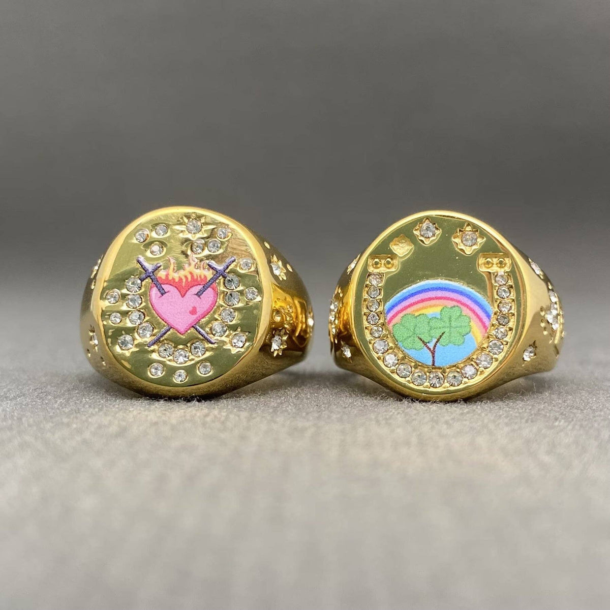 Whimsical Zircon Inlaid Enamel Ring - 18K Gold Plated Stainless Steel