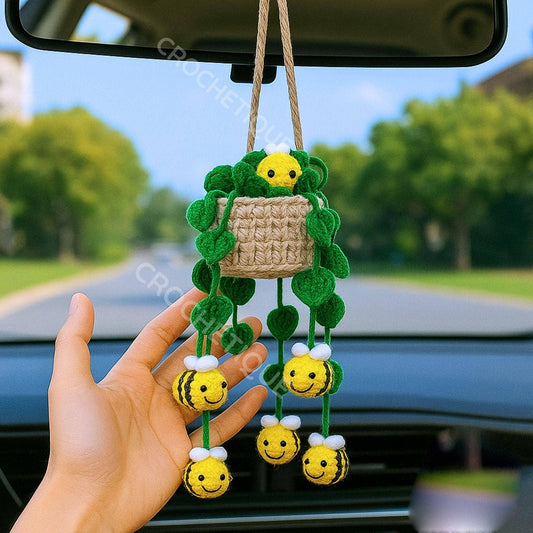 Crochet Bee Car Hanging, Rearview Mirror Decor Cute Car