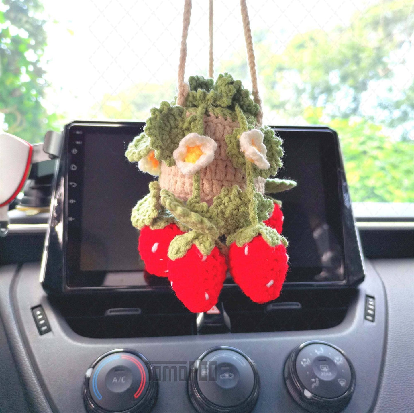 Crochet Strawberry Plant Car Mirror Hanging, Women Car Decor
