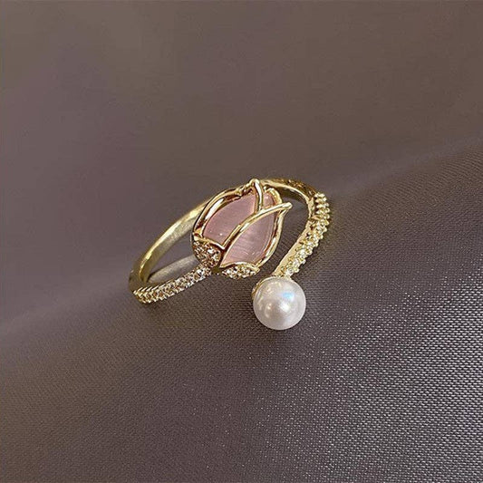 Opal Tulip Flower Pearl Stacking Bypass Ring in Solid Copper