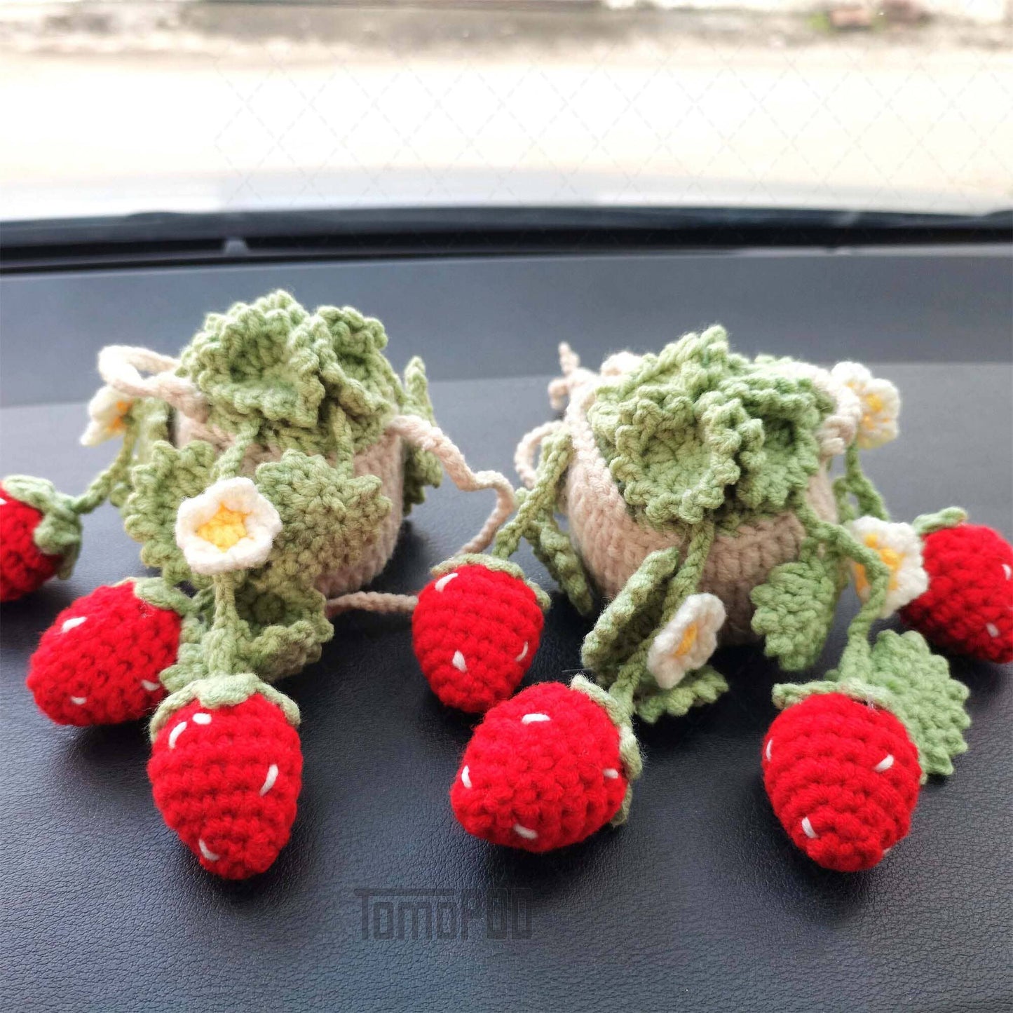 Crochet Strawberry Plant Car Mirror Hanging, Women Car Decor