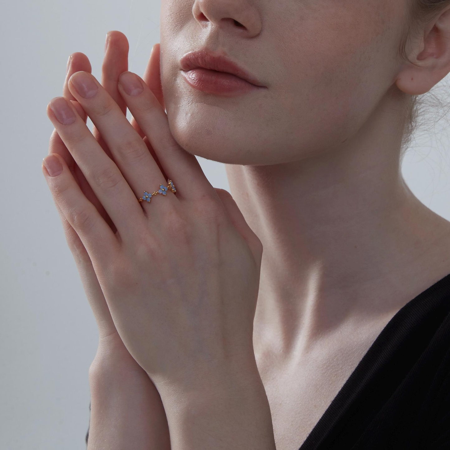 Dainty Gold Blue Flower Stacking Ring in 925 Sterling Silver