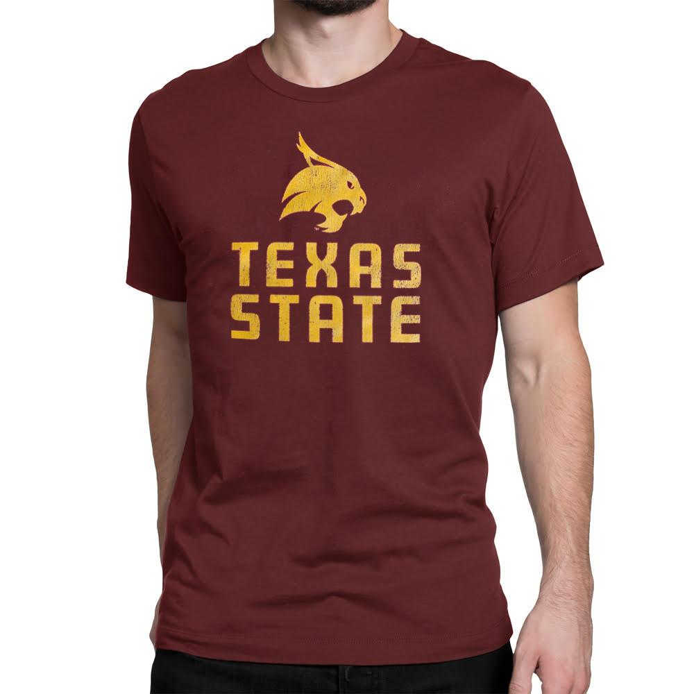 Texas State Univeristy Stacked Logo T-shirt (Gold on Maroon)