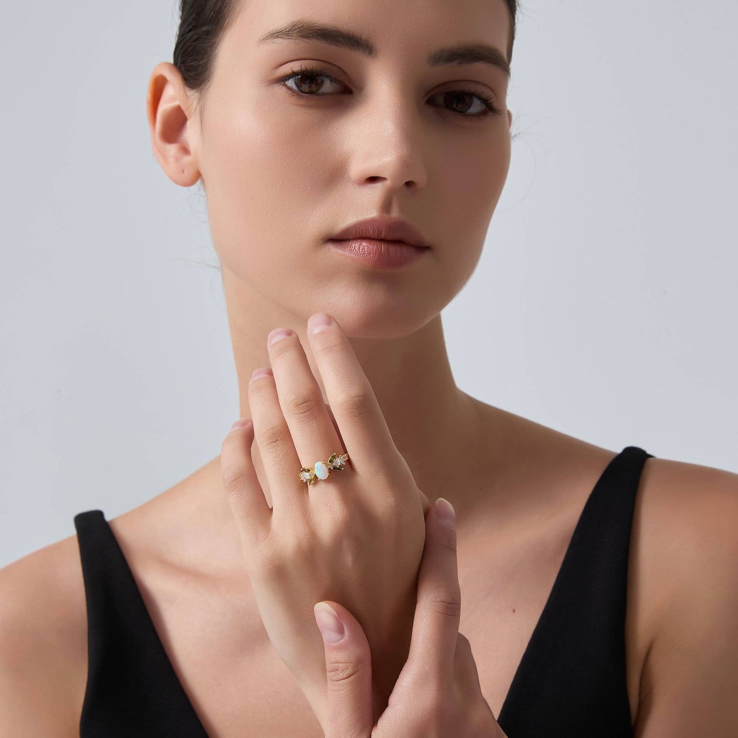 Oval Opal Olive Leaf Stacking Ring in 925 Sterling Silver