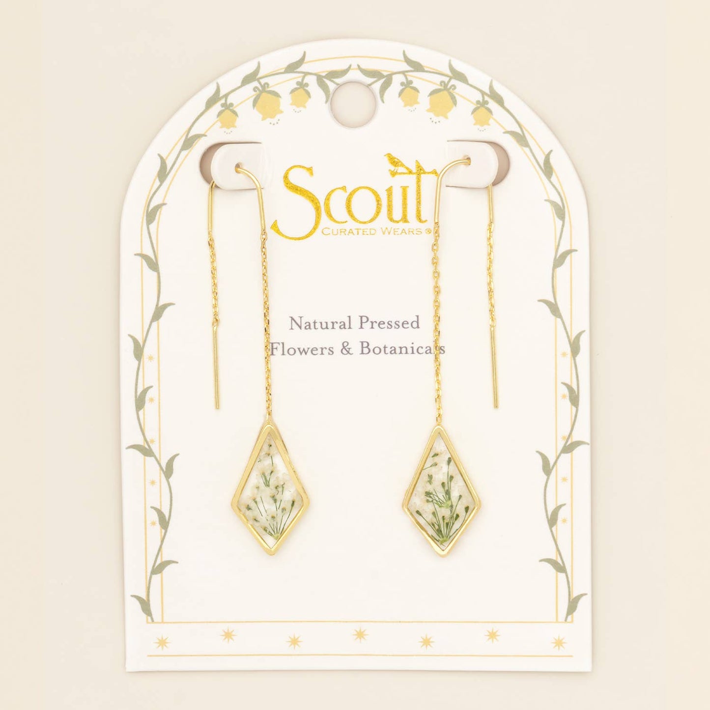 Pressed Flower Thread Earring - White Lace Flower/Gold