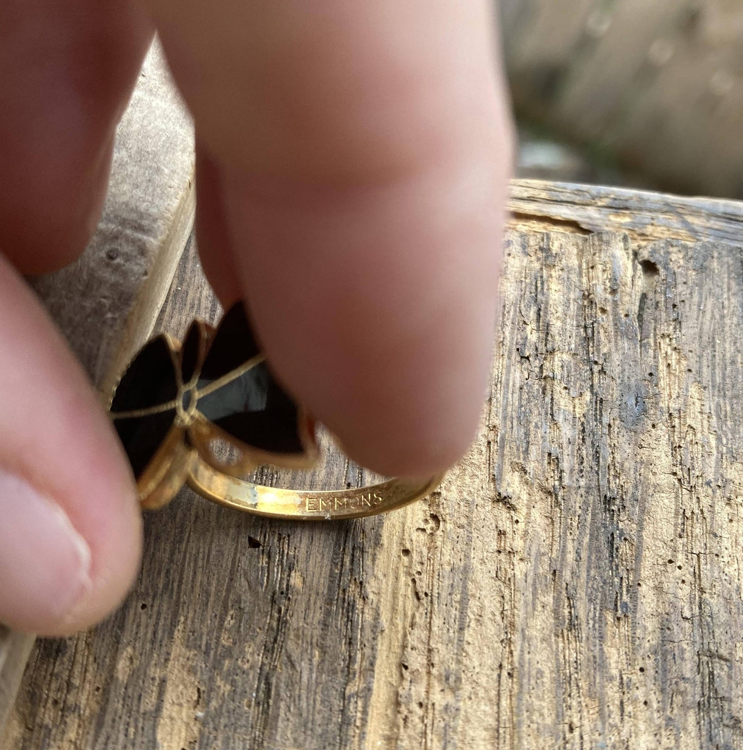 Adjustable Gold Plate & Jet Black Enamel Butterfly Ring