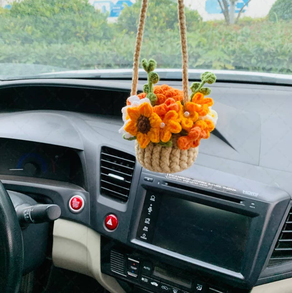 Cute Crochet Flower Basket Car Mirror Hanging Ornament Decor