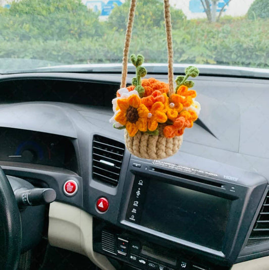 Cute Crochet Flower Basket Car Mirror Hanging Ornament Decor