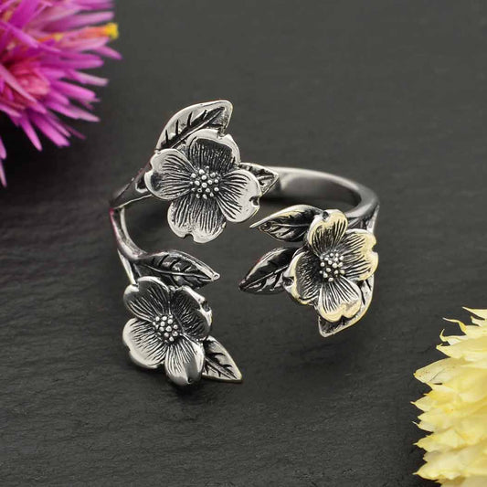 Bronze Adjustable Dogwood Flower and Leaf Ring