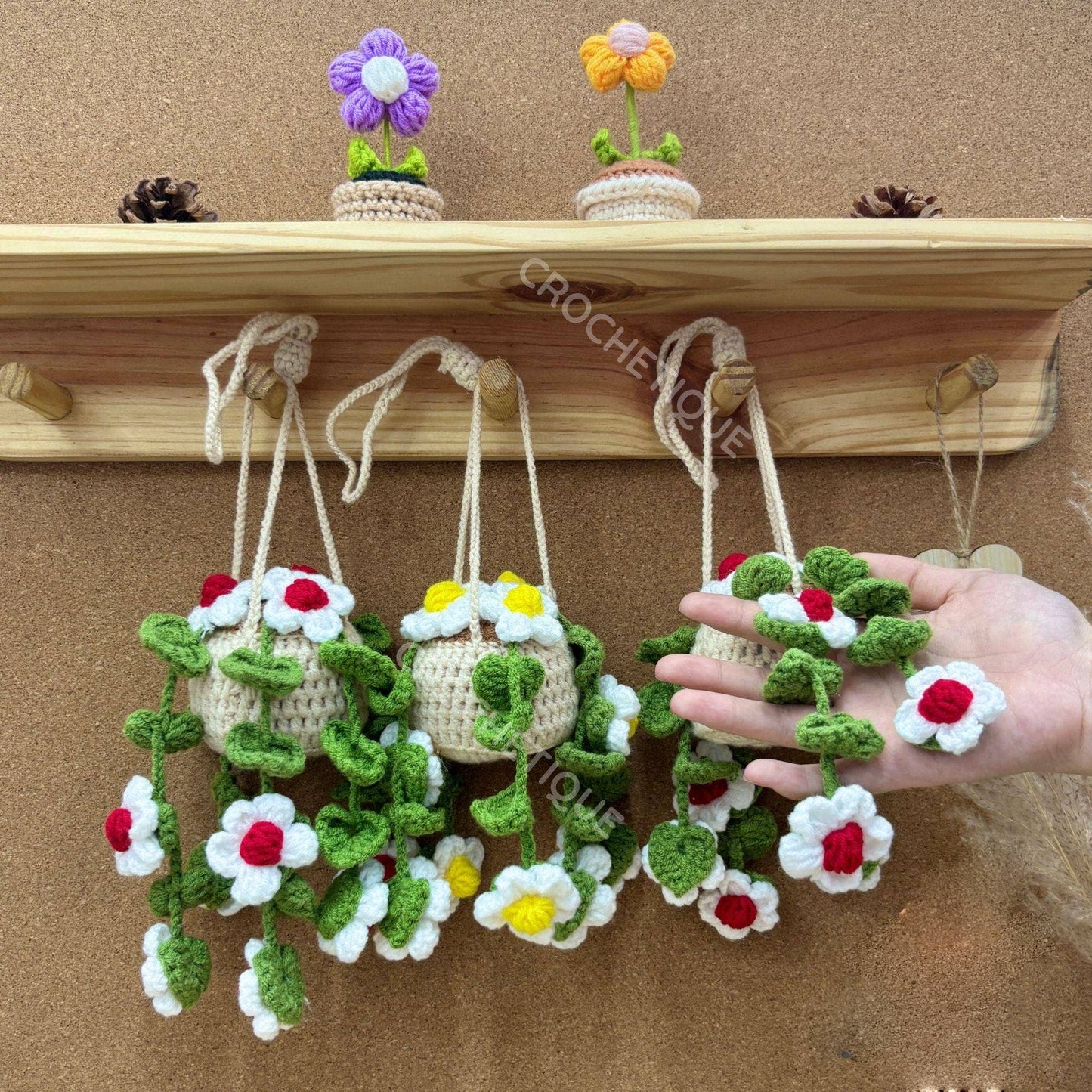 Crochet Daisy Flower Car Hanging, Plant Pot Rearview Mirror