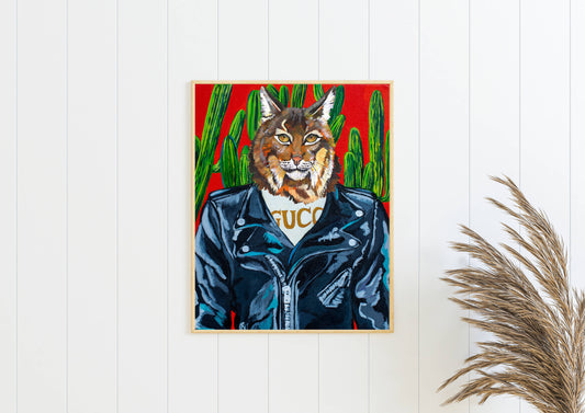 8 x 10 Desert Bobcat in stylish biker jacket Art