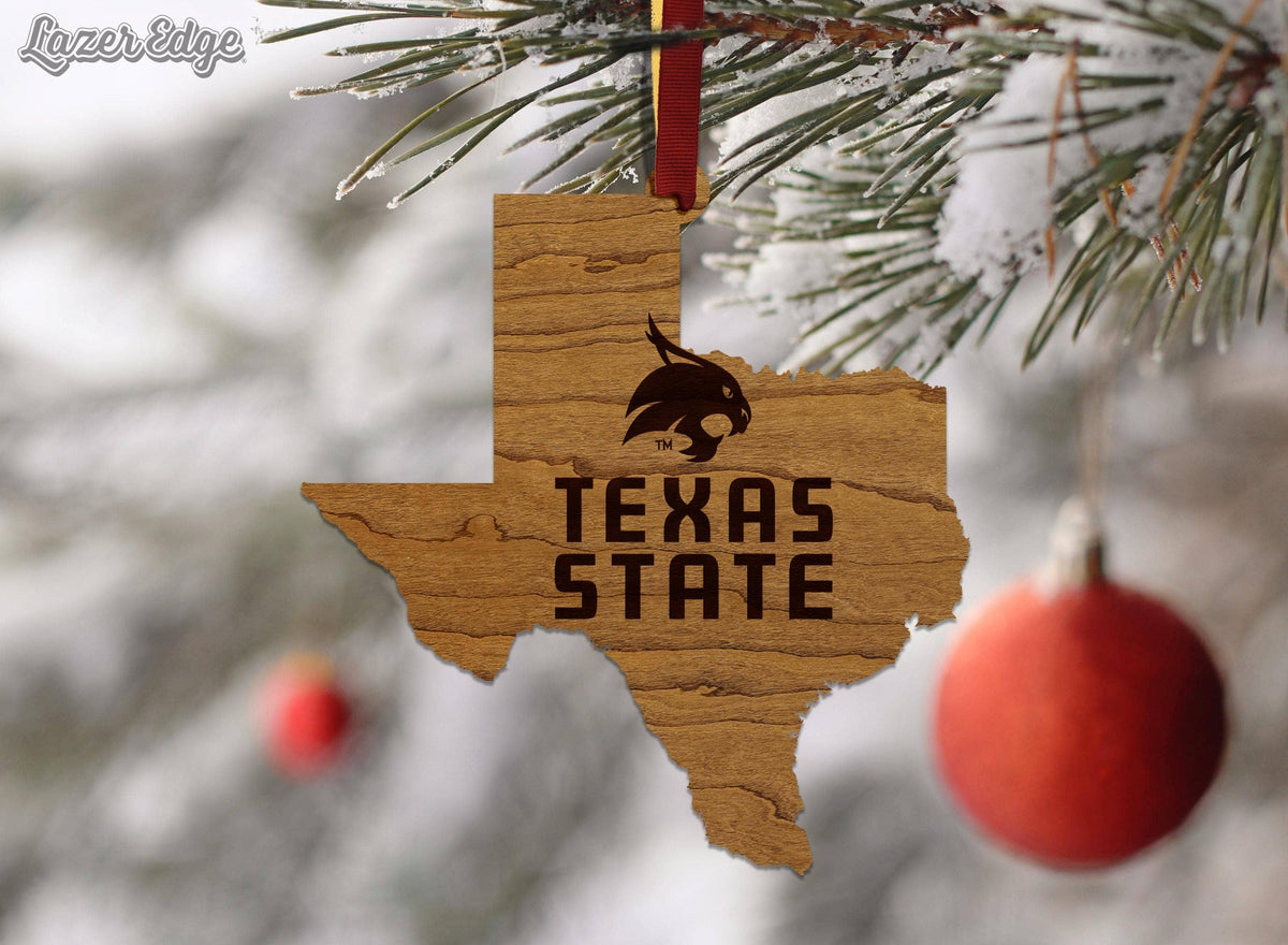 Texas State University Bobcats on State Ornament – Crafted from Cherry and Maple Wood – Texas State Bobcats