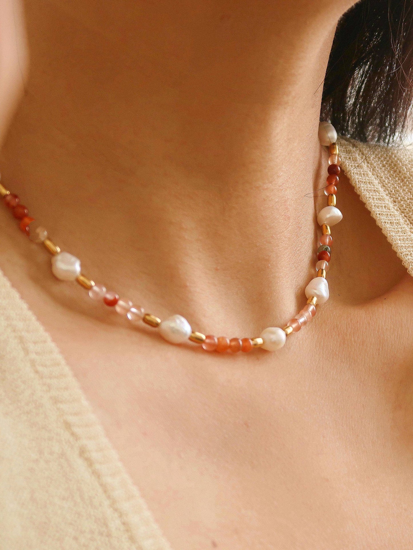 18K Bohemian Handmade Rose Pearl and Bead Necklace