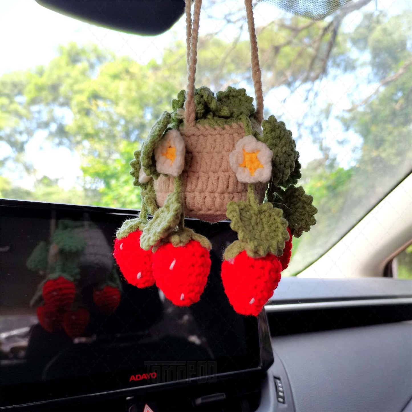 Crochet Strawberry Plant Car Mirror Hanging, Women Car Decor