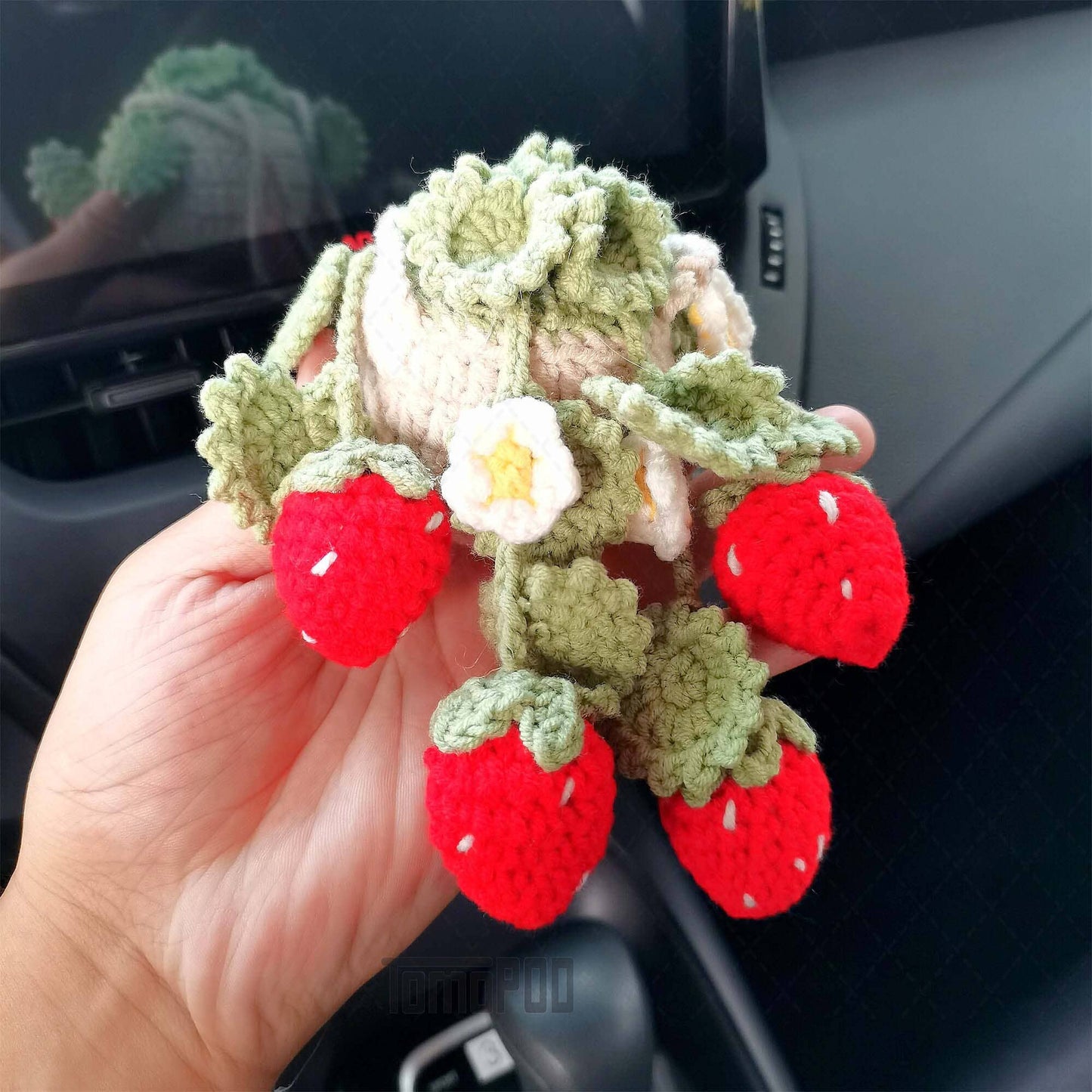 Crochet Strawberry Plant Car Mirror Hanging, Women Car Decor