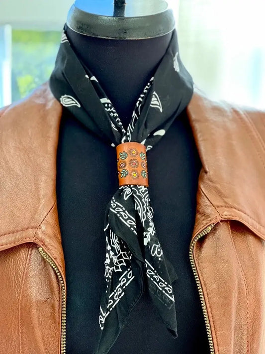 Hand Painted Retro Floral Stamped Leather Bandana Slide