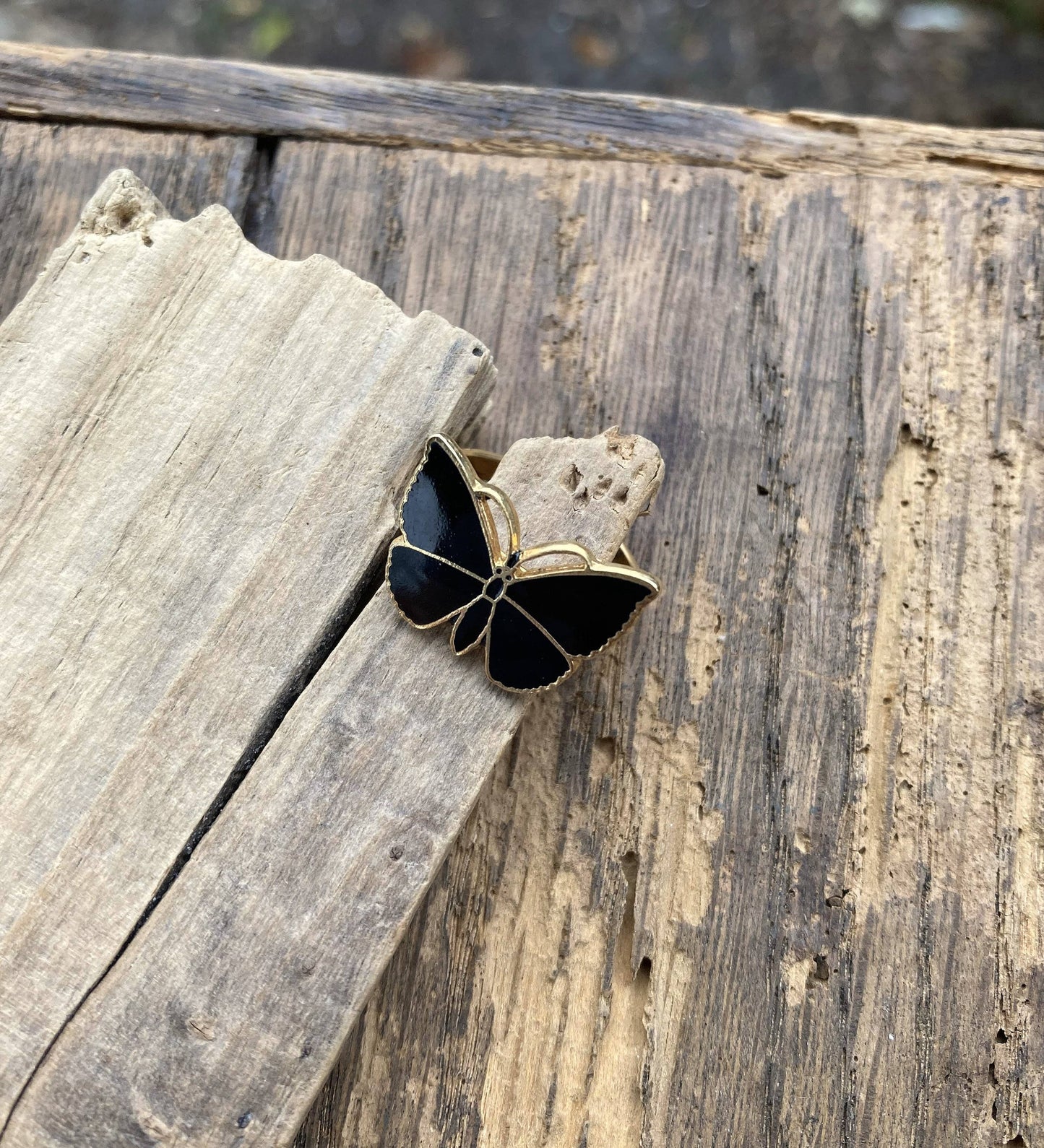Adjustable Gold Plate & Jet Black Enamel Butterfly Ring