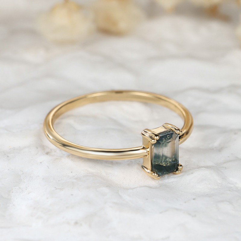 Gold Emerald Cut Moss Agate Cocktail Ring in Solid Copper