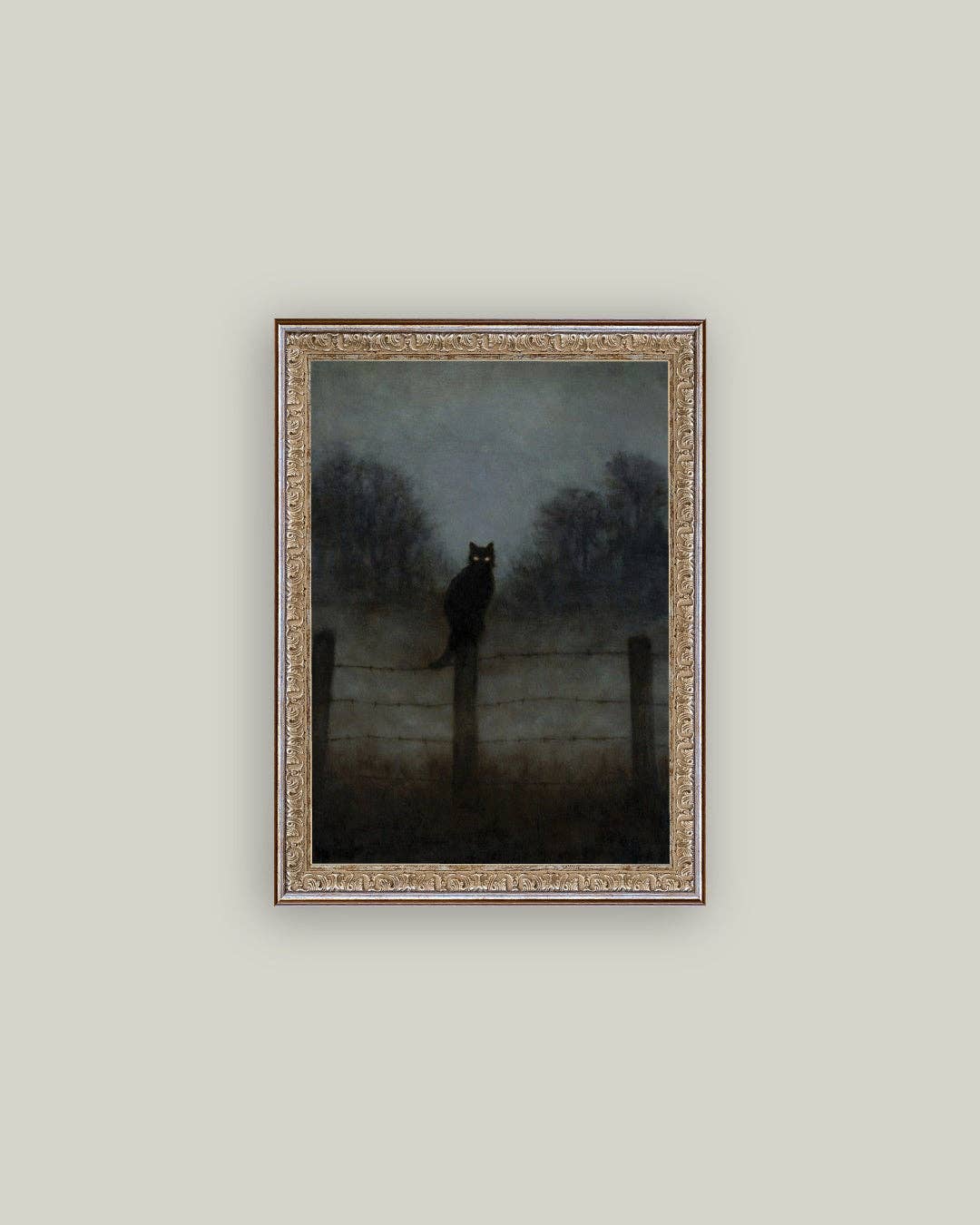 Black Cat in Night Framed Antique Art