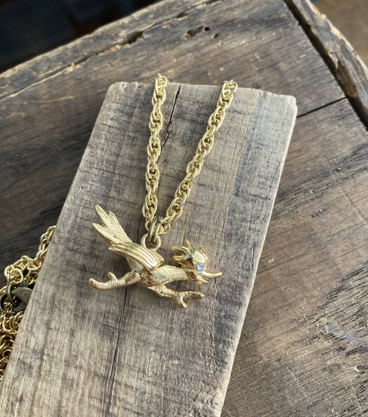 Gold Plate & Rhinestone Roadrunner Charm Pendant Necklace