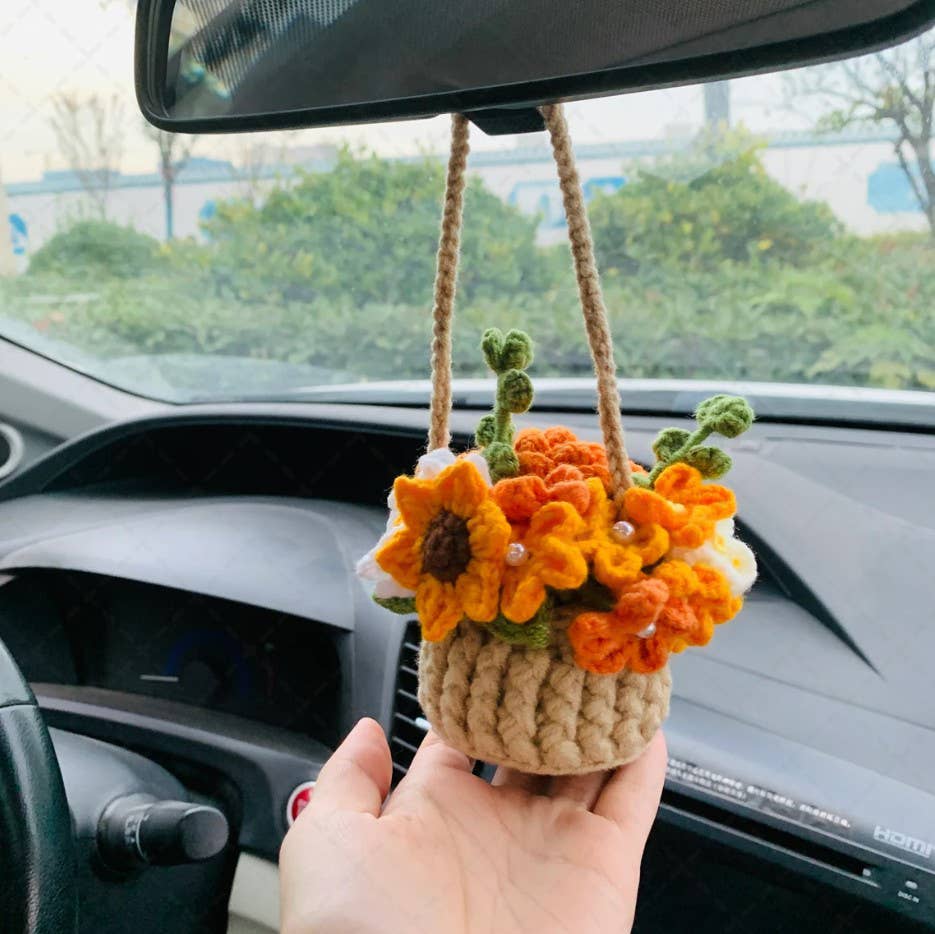 Cute Crochet Flower Basket Car Mirror Hanging Ornament Decor