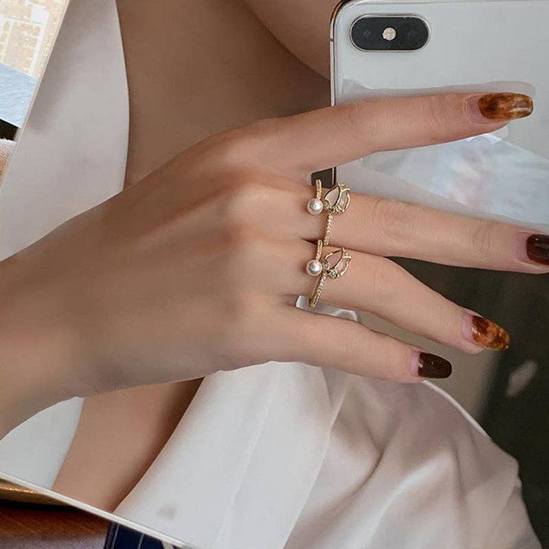 Opal Tulip Flower Pearl Stacking Bypass Ring in Solid Copper