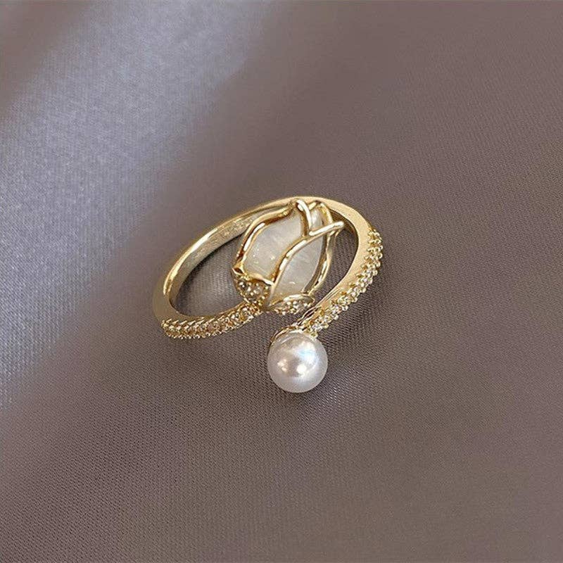 Opal Tulip Flower Pearl Stacking Bypass Ring in Solid Copper