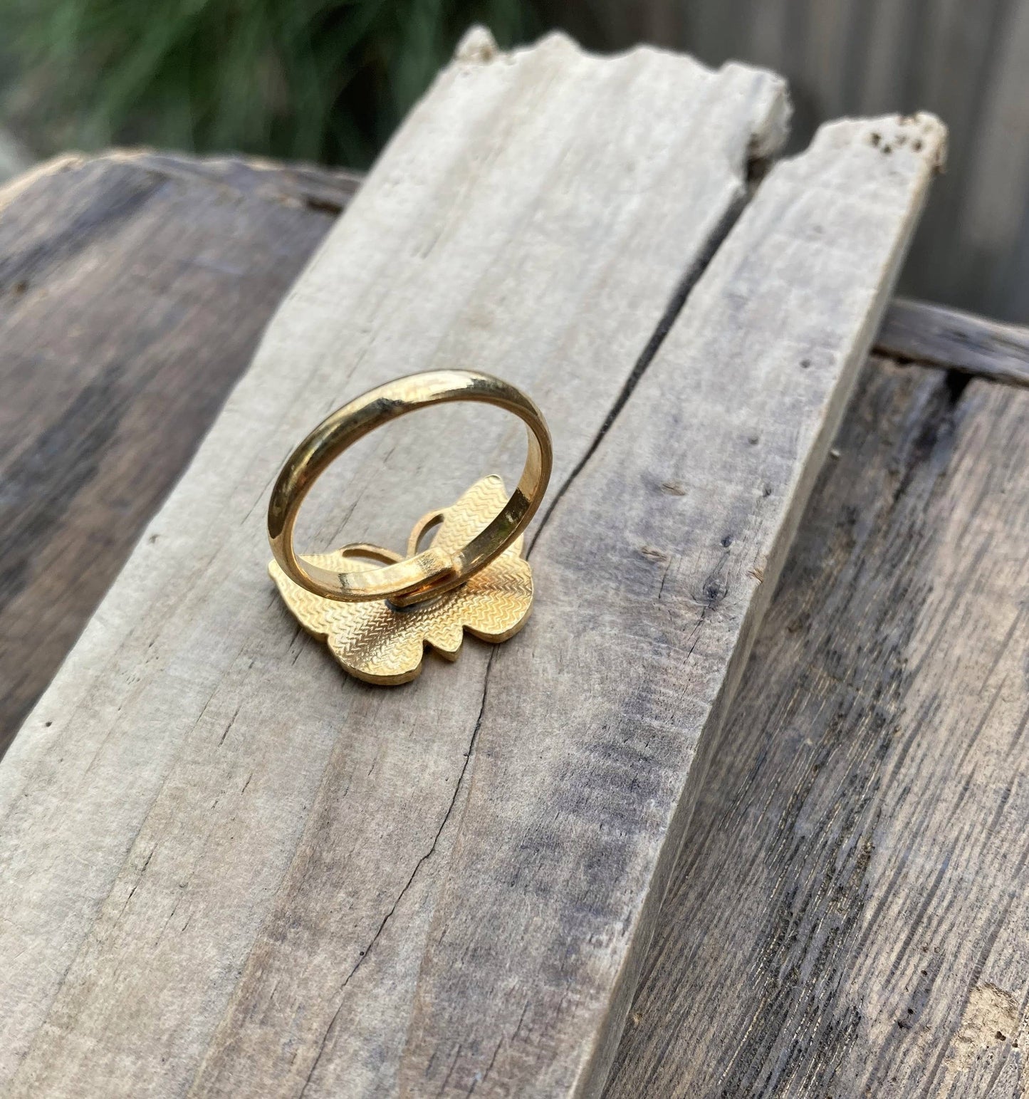 Adjustable Gold Plate & Jet Black Enamel Butterfly Ring