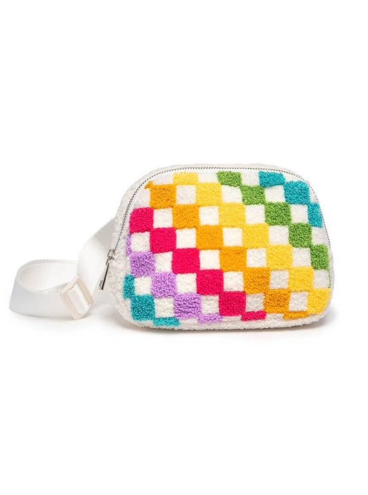 Adjustable Belt Bag - Rainbow Checkered - White