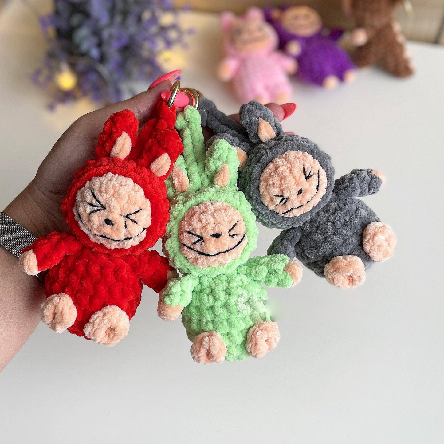 Smiling Bunny Keychain Crochet, Handmade Labubu Decor, Gift