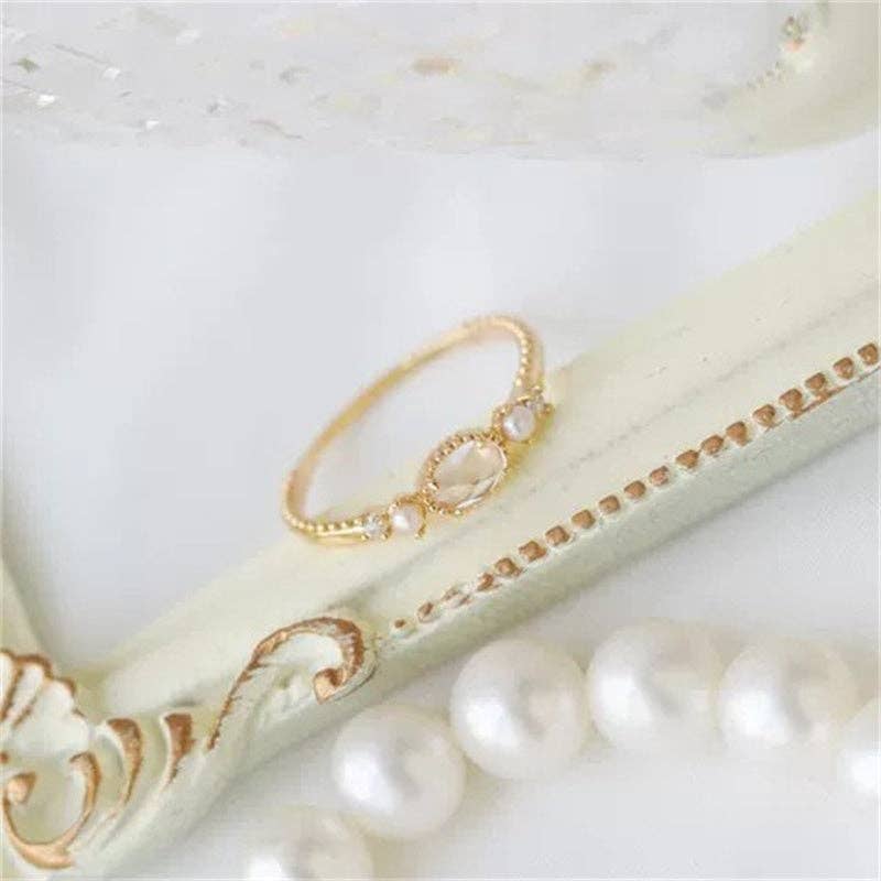 Dainty Gold Crystal Pearl Stacking Band Ring in Solid Copper