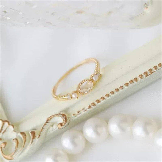 Dainty Gold Crystal Pearl Stacking Band Ring in Solid Copper