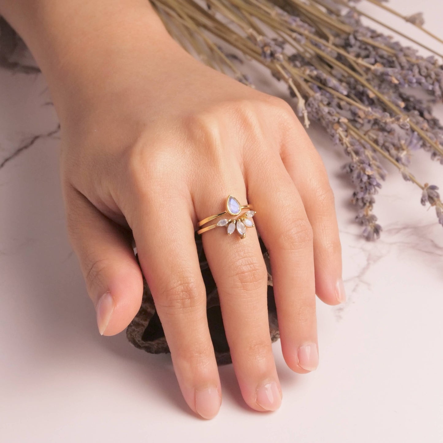 Brass Nesting Moonstone Ring Set