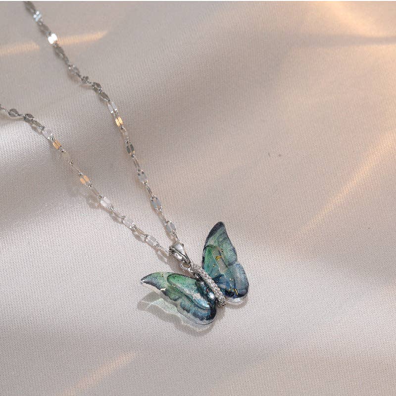 Colorful Butterfly Pendant Necklace in Stainless Steel