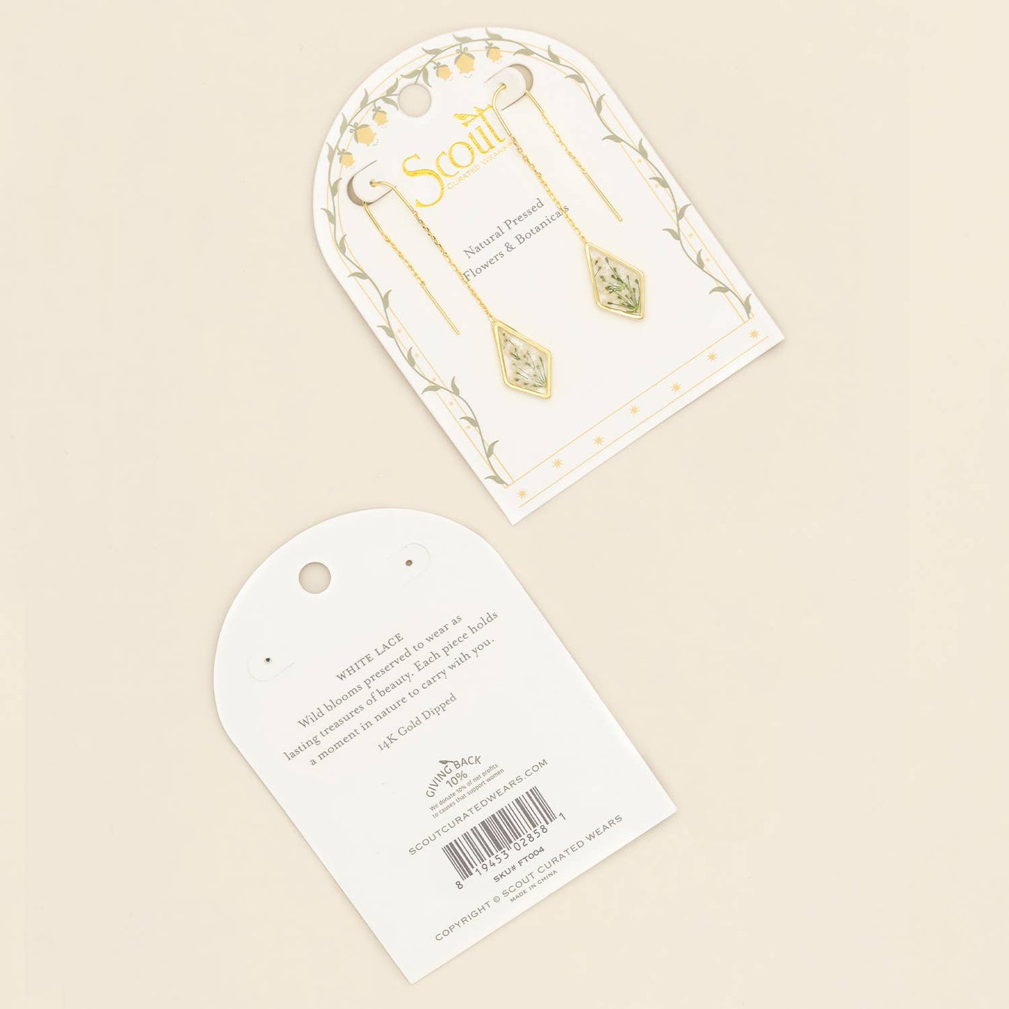 Pressed Flower Thread Earring - White Lace Flower/Gold