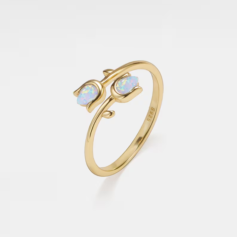 Dainty Opal Tulip Flower Bypass Ring in 925 Sterling Silver