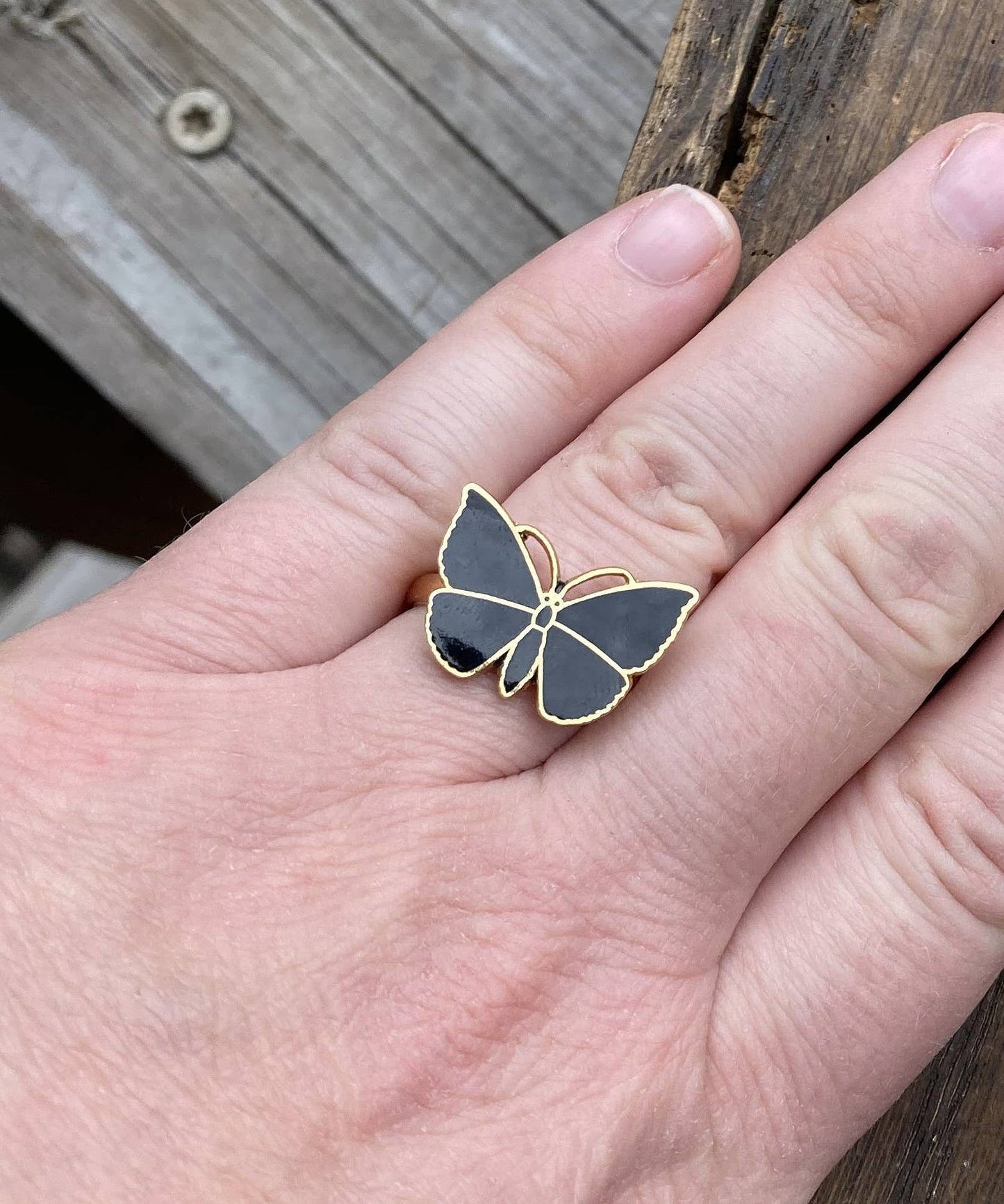 Adjustable Gold Plate & Jet Black Enamel Butterfly Ring