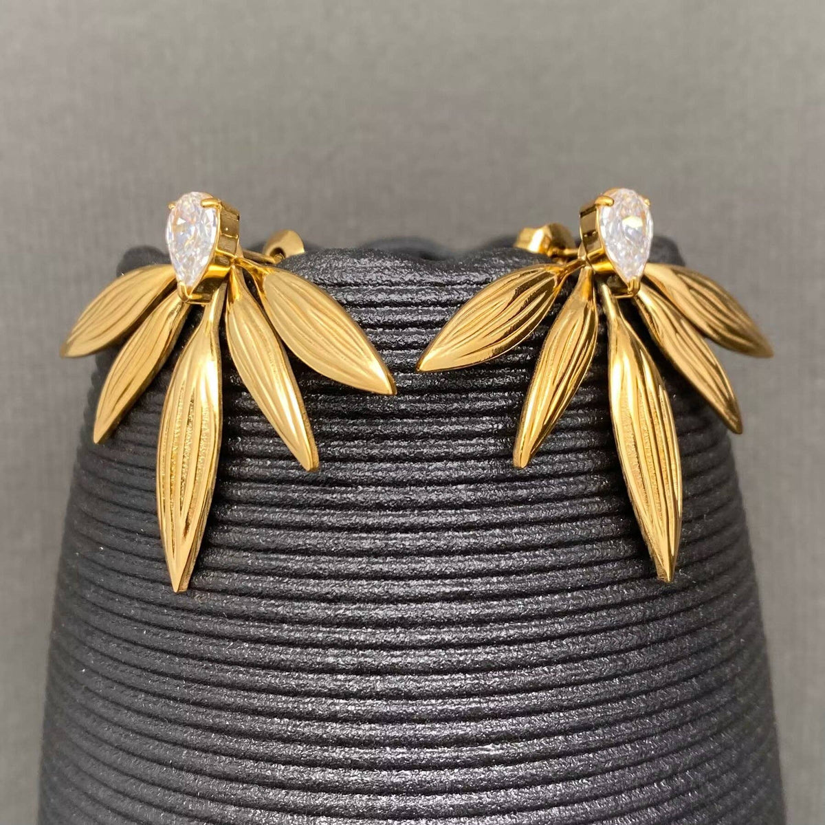 Zircon Leaf Gold Statement Earrings