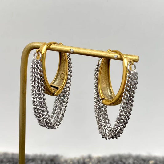 Multi-layer Two-Tone Chain Fringe Huggie Earrings