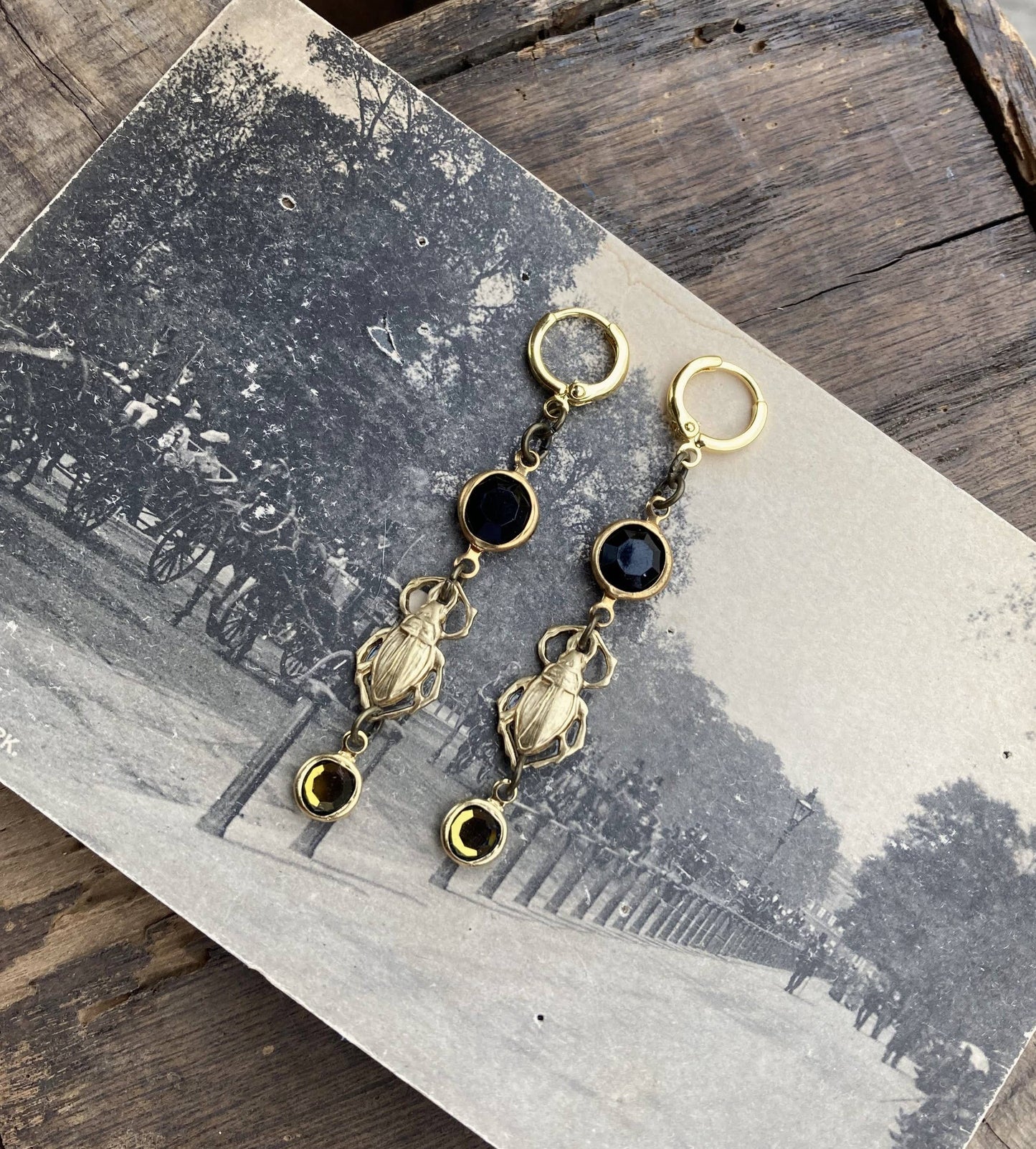 Brass & Crystal Beetle Huggie Hoop Earrings