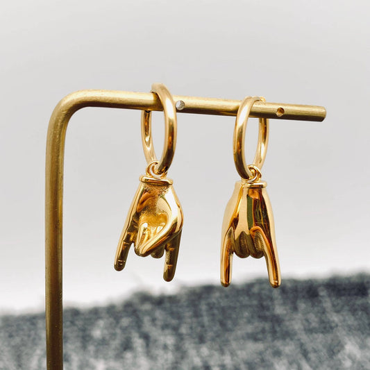 18K Gold Plated Rock & Roll Gesture Charm Huggie Earring
