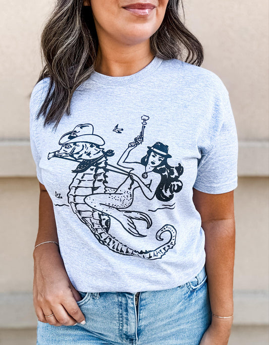 Mermaid Riding Seahorse Vintage Western Graphic Tee